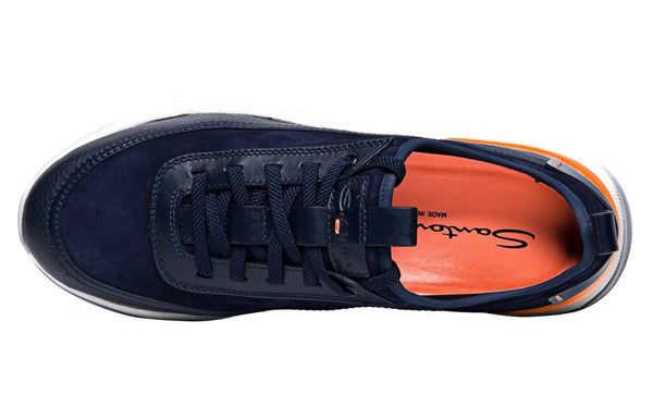 SANTONI MEN’S BLUE TUMBLED LEATHER AND SUEDE SNEAKER