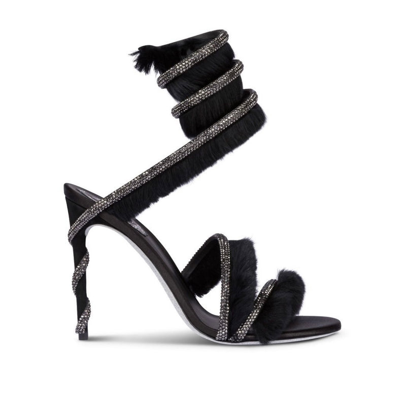 Rene Caovilla Cleo Crstal Fur  Black  Sandal