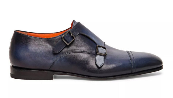 Santoni/Distressed Blue Leather/ Strap Shoe