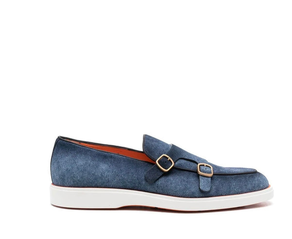 SANTONI MEN'S BLUE SUEDE DOUBLE-BUCKLE LOAFER