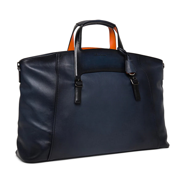 SANTONI POLISHED BLUE LEATHER MEDIUM WEEKEND BAG