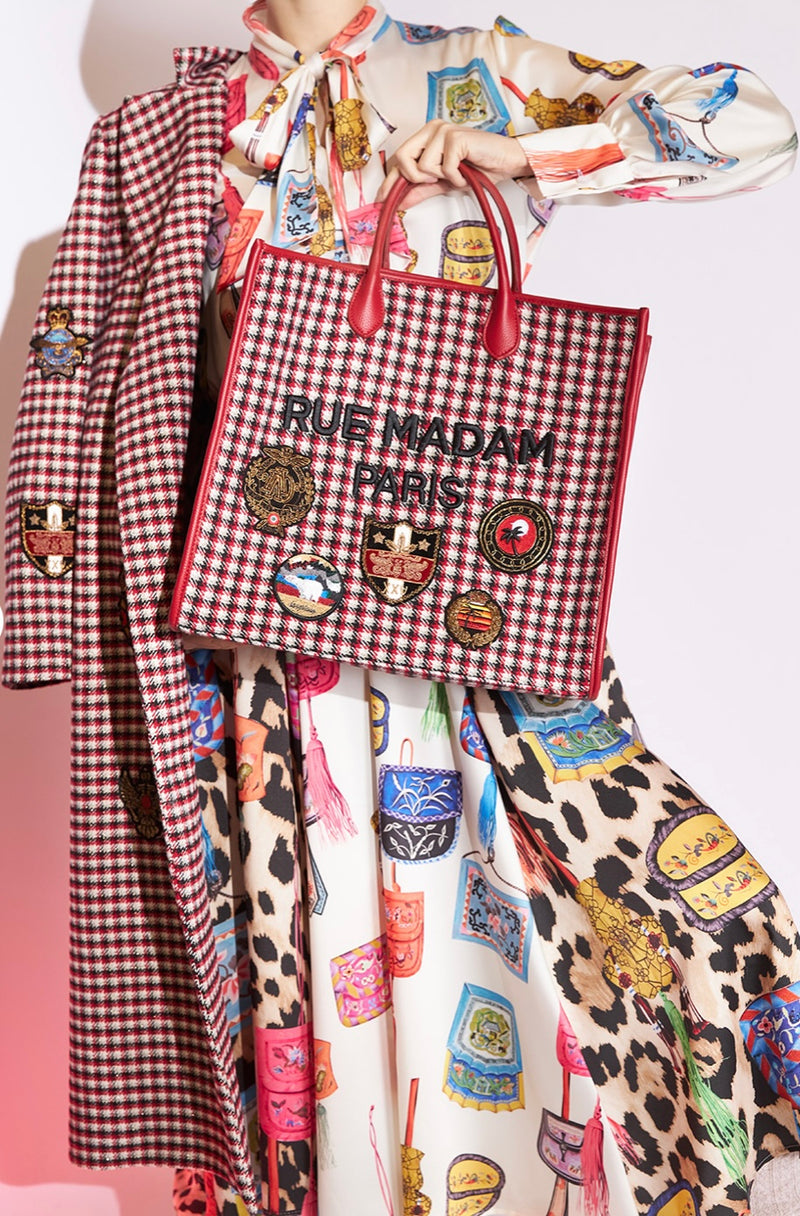 RUE MADAM Oxford Patch Tote Check Red
