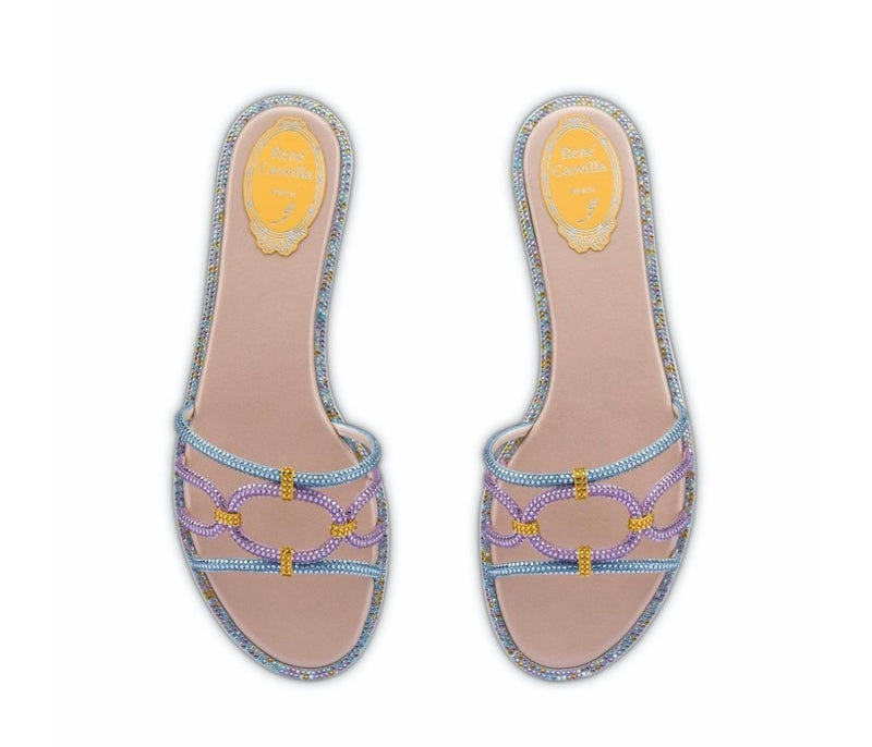 RENE CAOVILLA /CLIPPY CRYSTAL PINK/LIGHT BLUE SLIDE FLAT