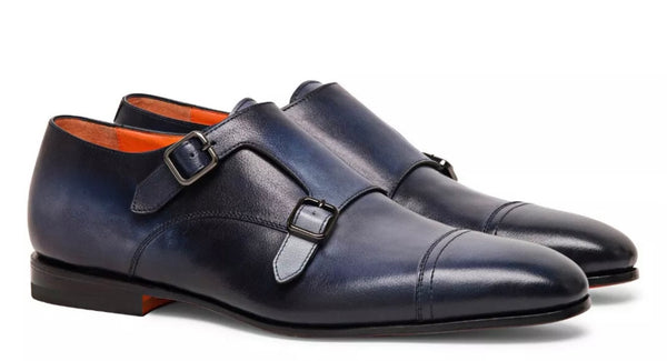 Santoni/Distressed Blue Leather/ Strap Shoe