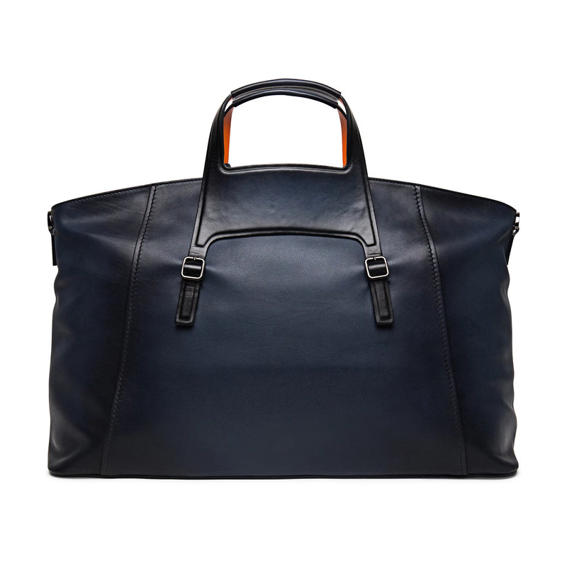 SANTONI POLISHED BLUE LEATHER MEDIUM WEEKEND BAG