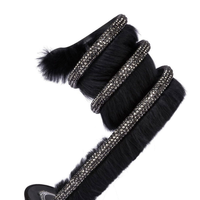 Rene Caovilla Cleo Crstal Fur  Black  Sandal